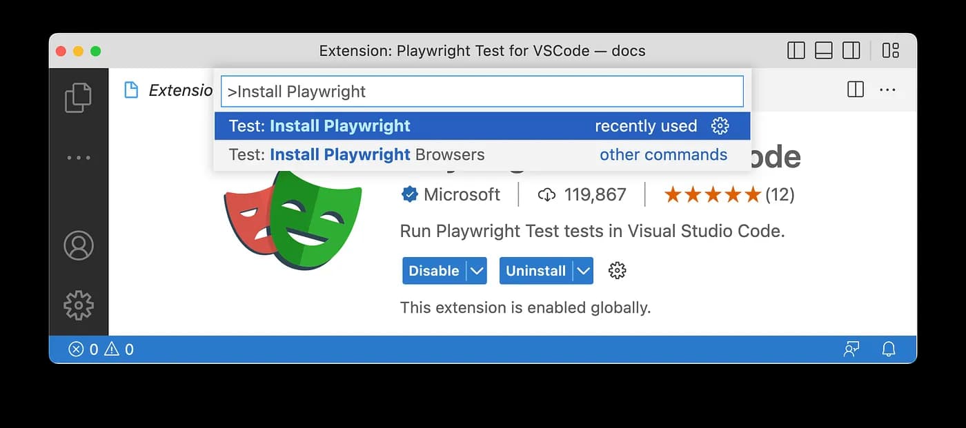 Install playwright using Visual Studio Code extension