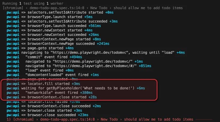 API logs showing tests hanging on locator.fill action while waiting for selector