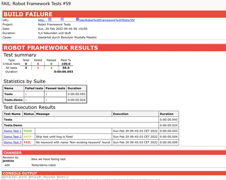Failing build with test results